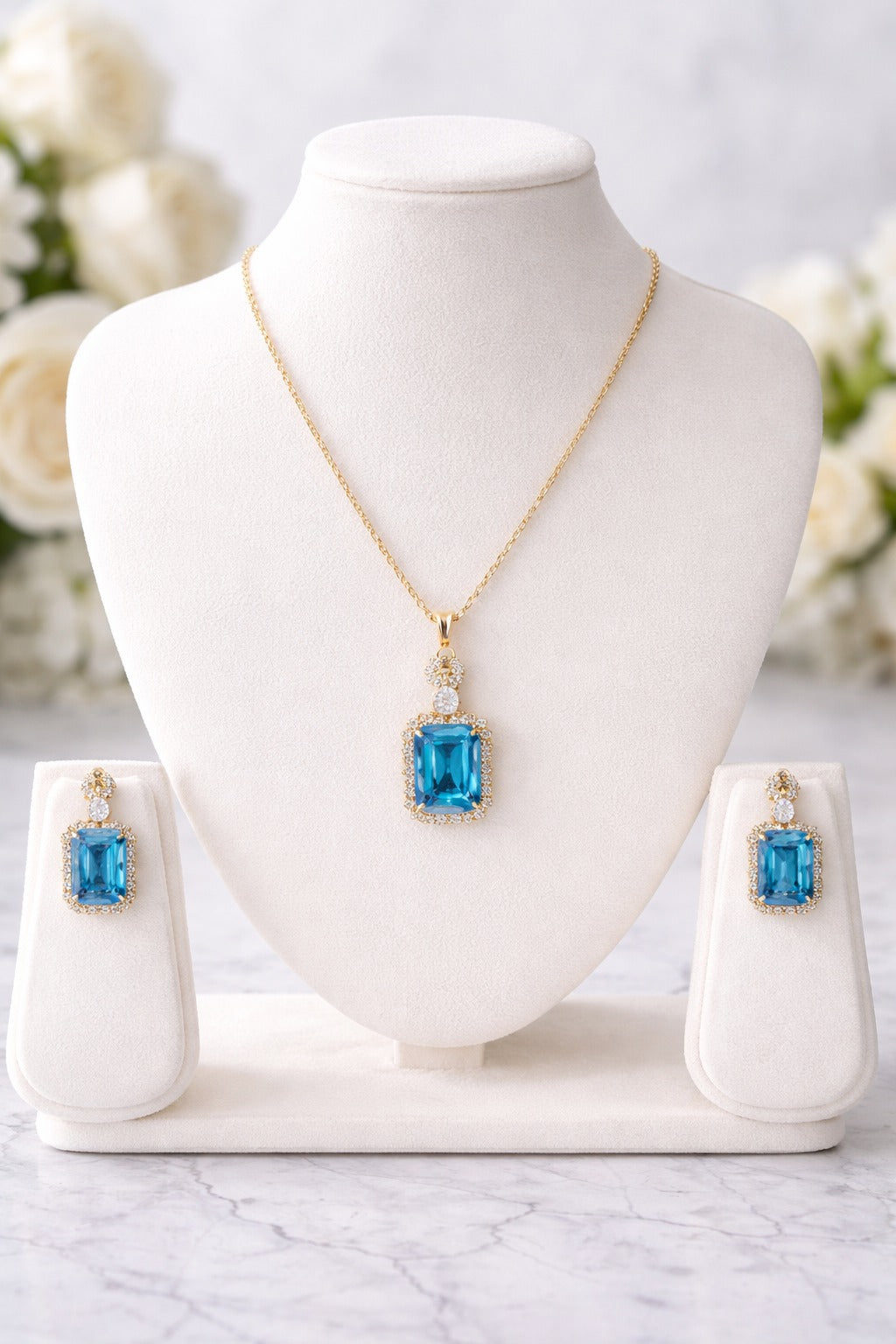 Royal Azure Crystal Pendant Necklace Set with Matching Earrings