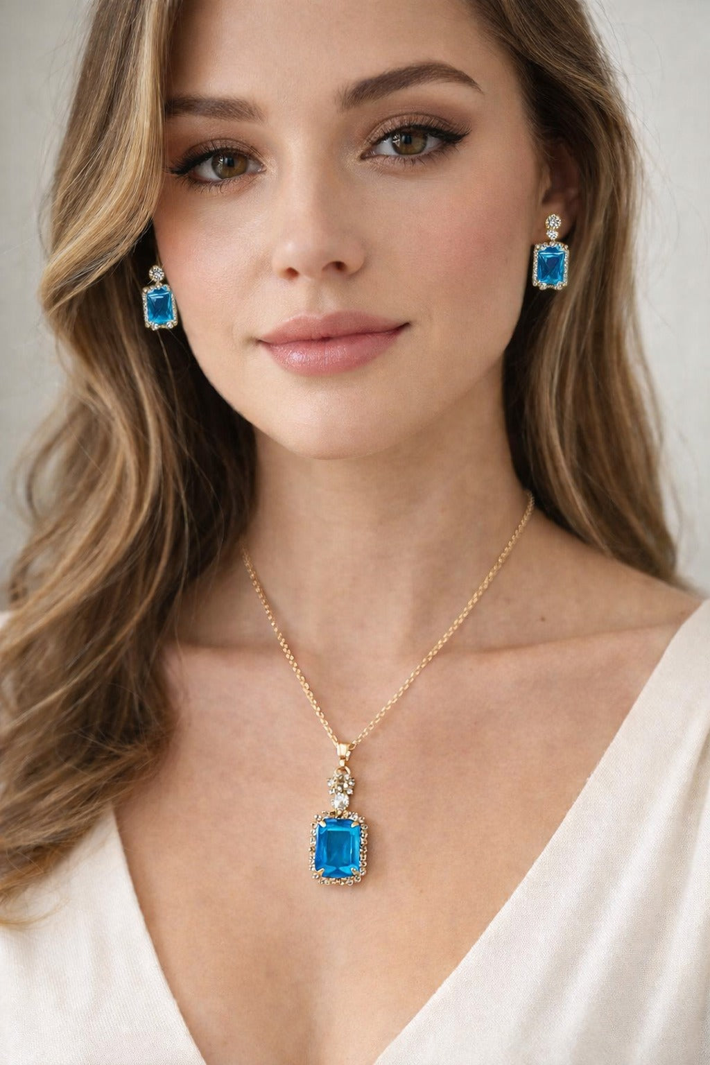 Royal Azure Crystal Pendant Necklace Set with Matching Earrings