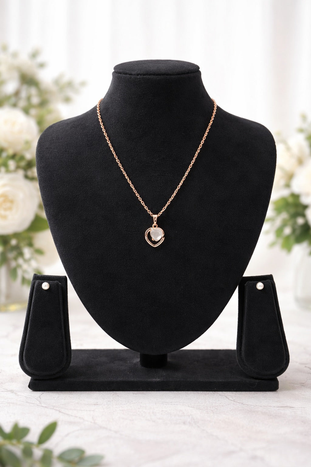 Rose Gold Heart Pearl Pendant  Set with Matching Stud Earring