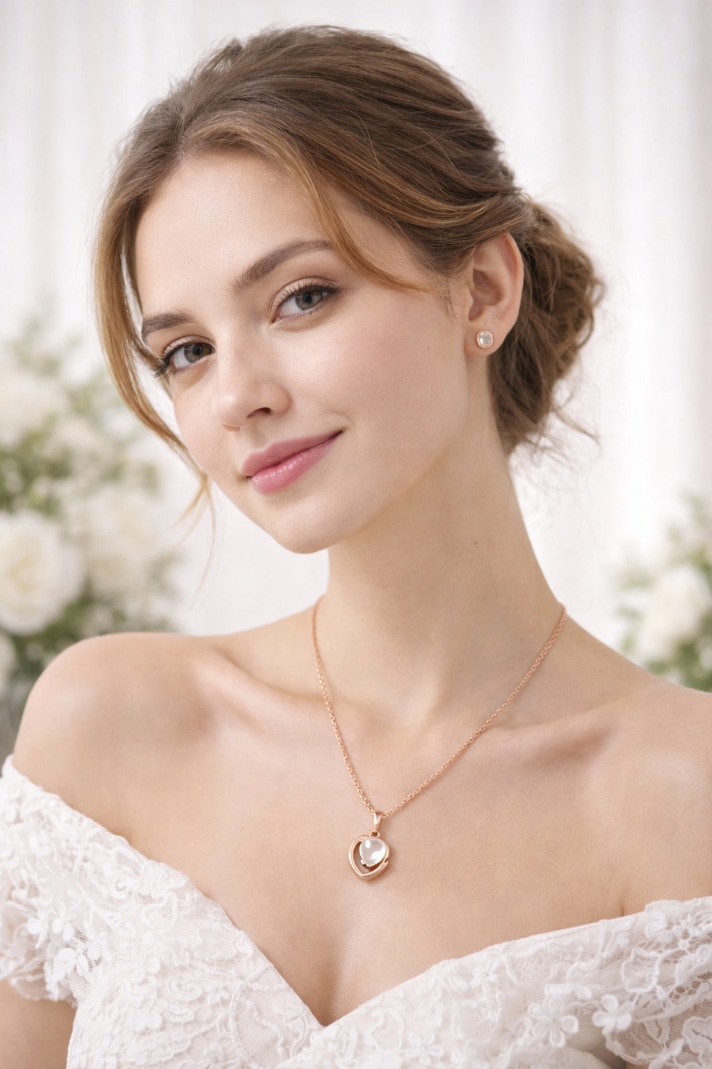 Rose Gold Heart Pearl Pendant  Set with Matching Stud Earring