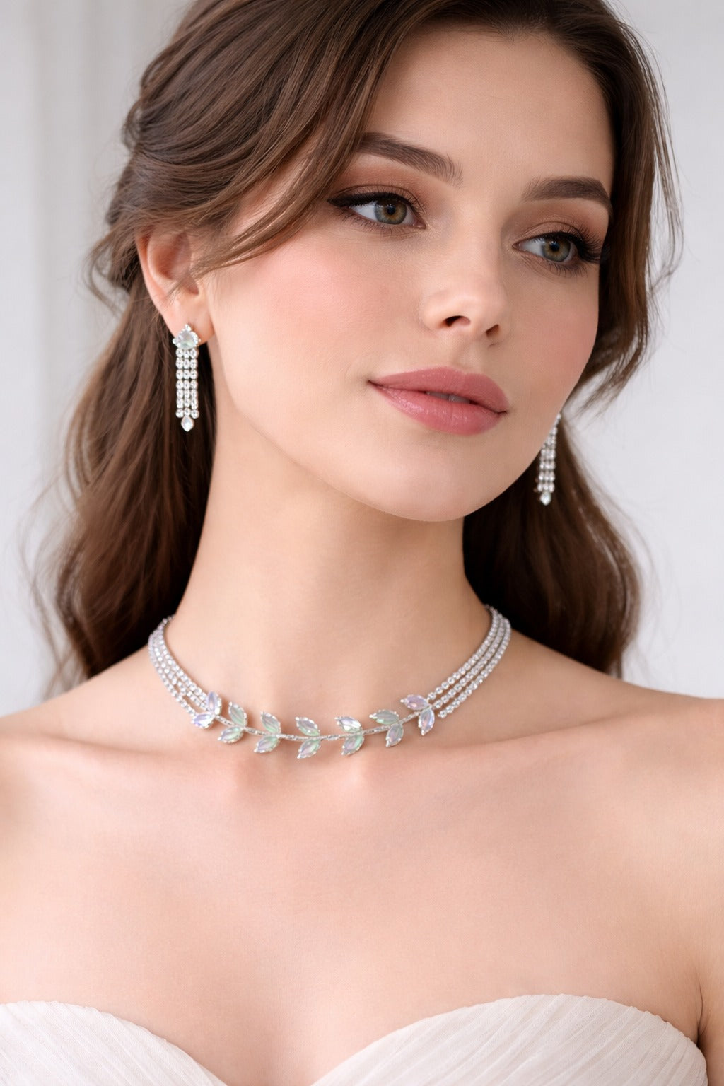Elegant Crystal Leaf Choker Necklace Set with Matching Drop Earrings