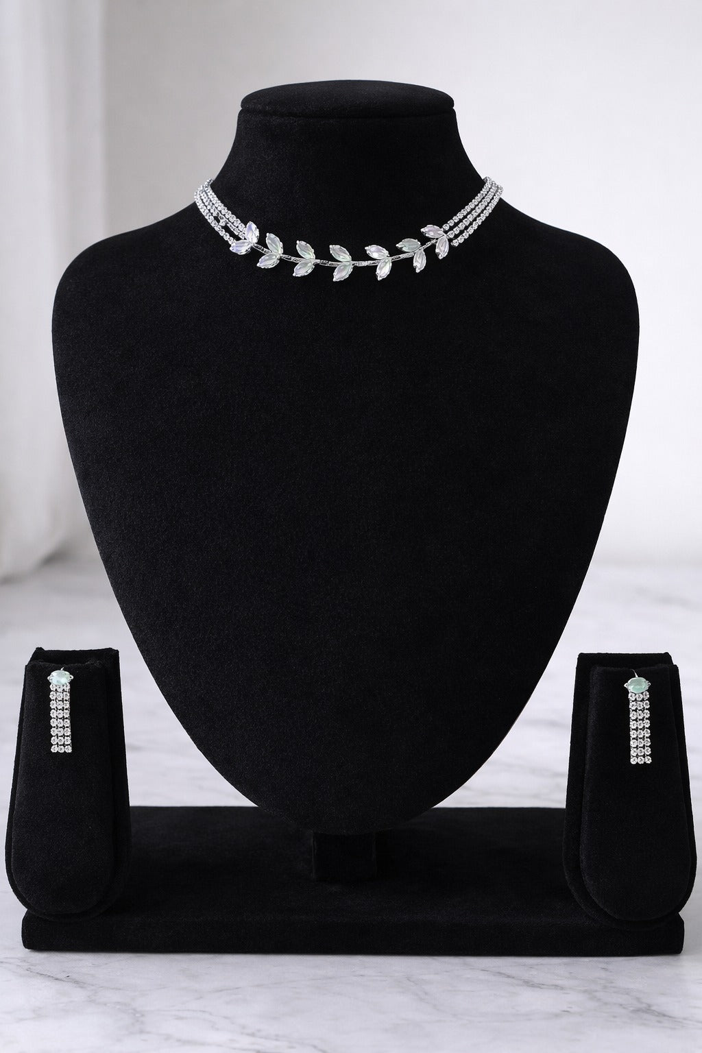 Elegant Crystal Leaf Choker Necklace Set with Matching Drop Earrings