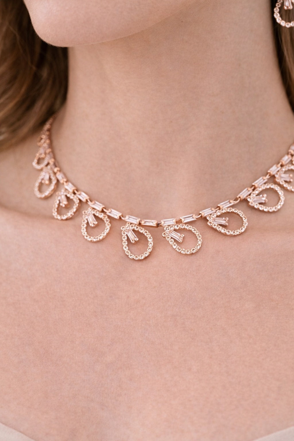 Rose Gold Teardrop Crystal Necklace & Earrings Set