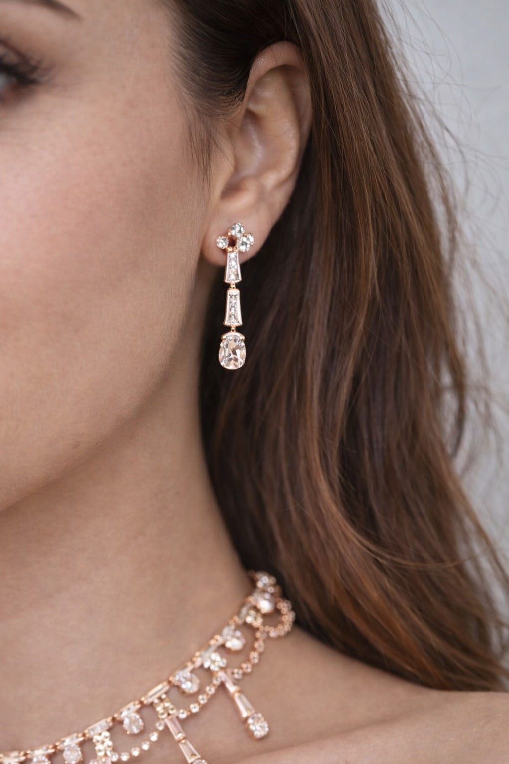 Elegant Rose Gold Crystal Drop Choker Set with Matching Earrings