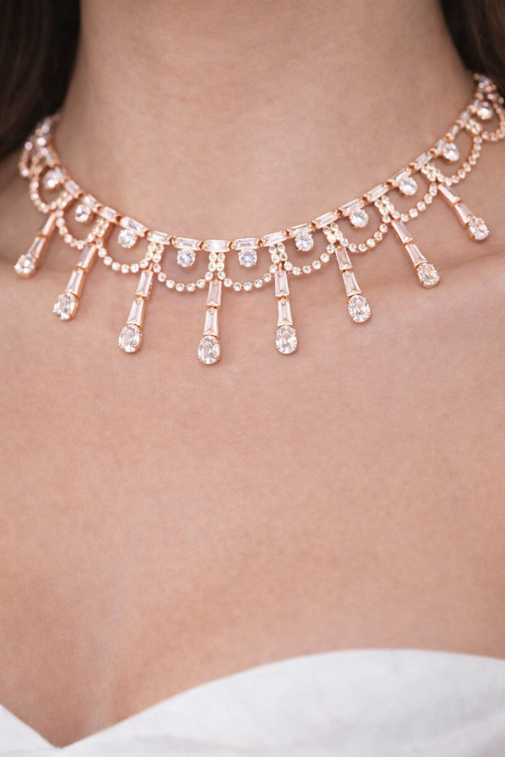Elegant Rose Gold Crystal Drop Choker Set with Matching Earrings