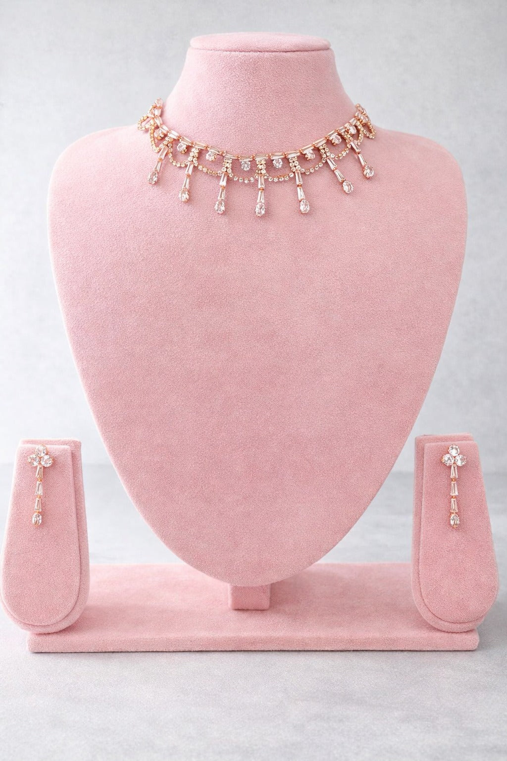 Elegant Rose Gold Crystal Drop Choker Set with Matching Earrings