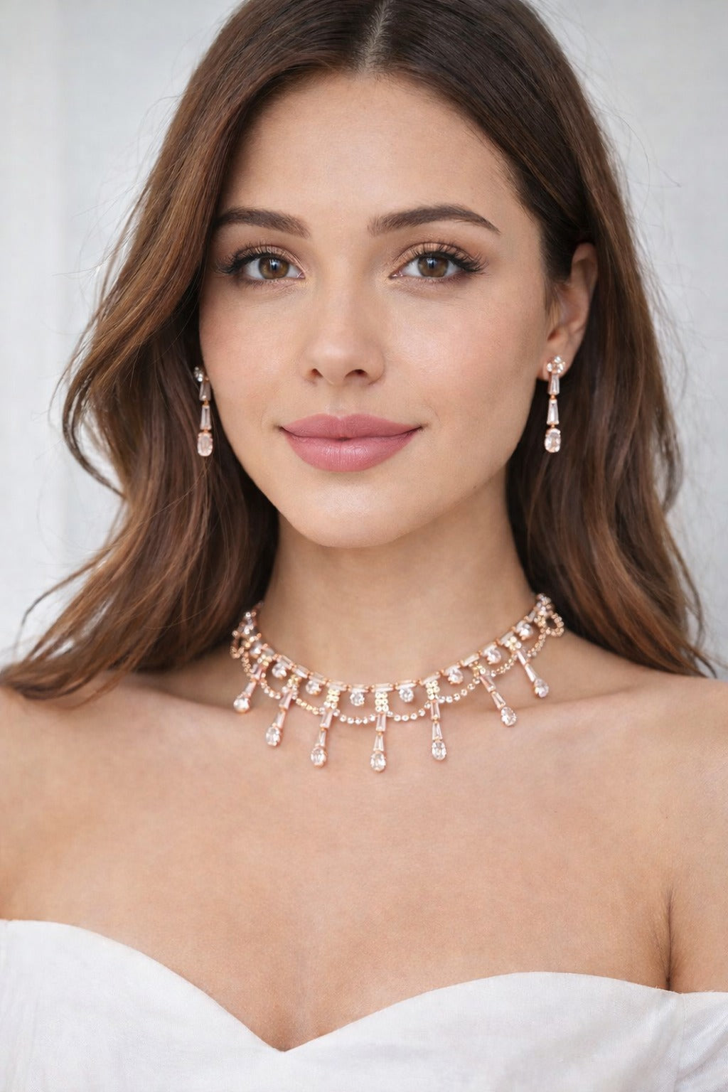 Elegant Rose Gold Crystal Drop Choker Set with Matching Earrings