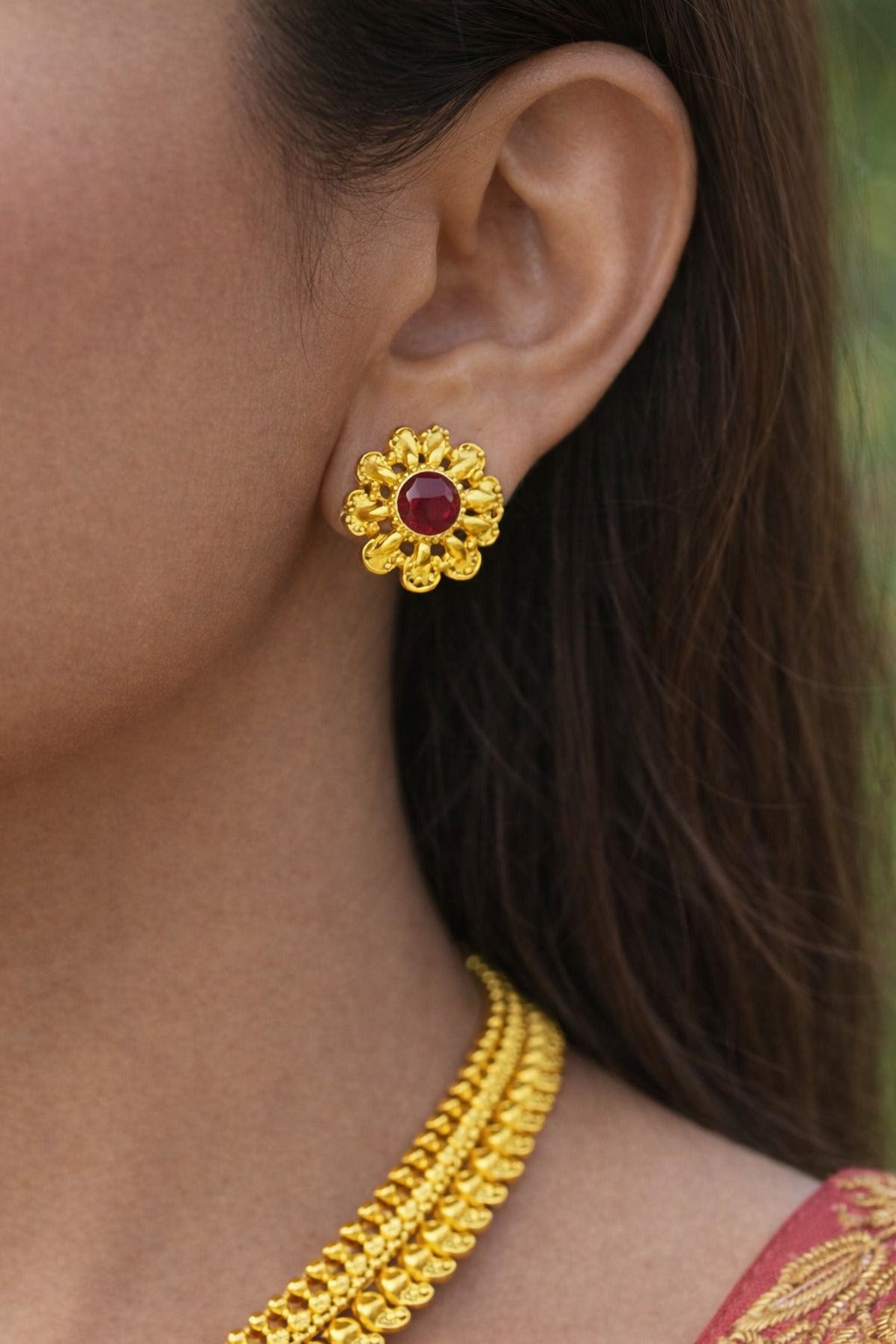 Royal Ruby Medallion Gold Necklace Set with Matching Earrings