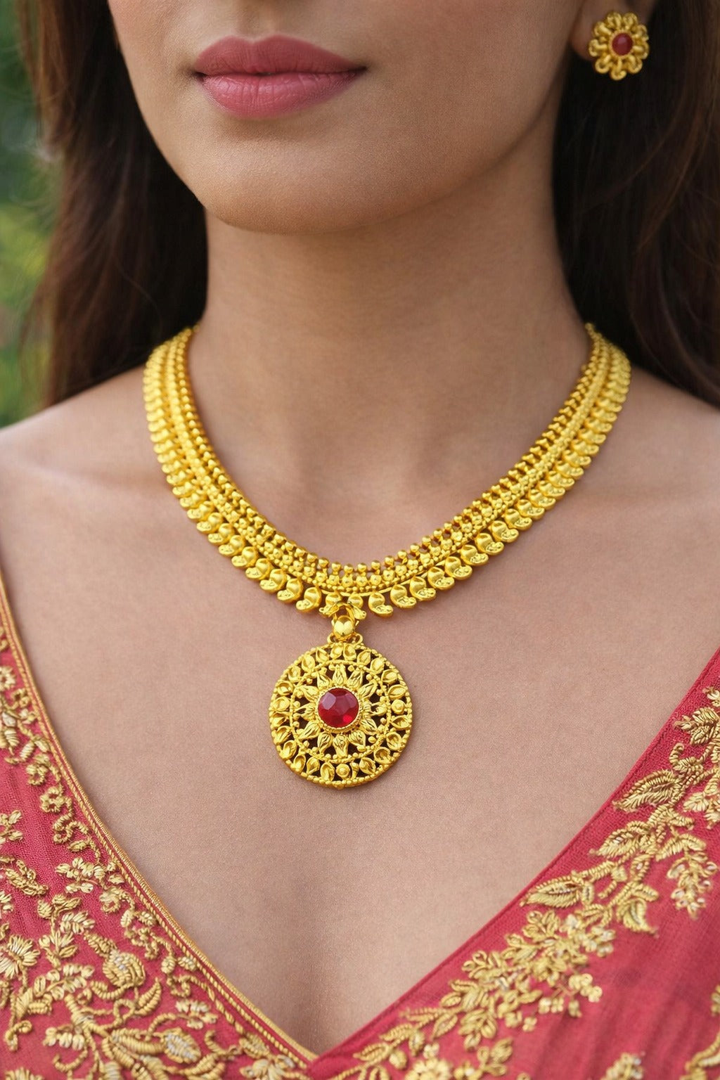 Royal Ruby Medallion Gold Necklace Set with Matching Earrings