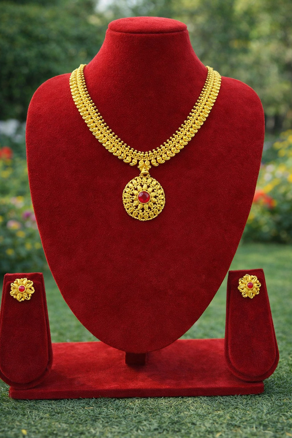Royal Ruby Medallion Gold Necklace Set with Matching Earrings