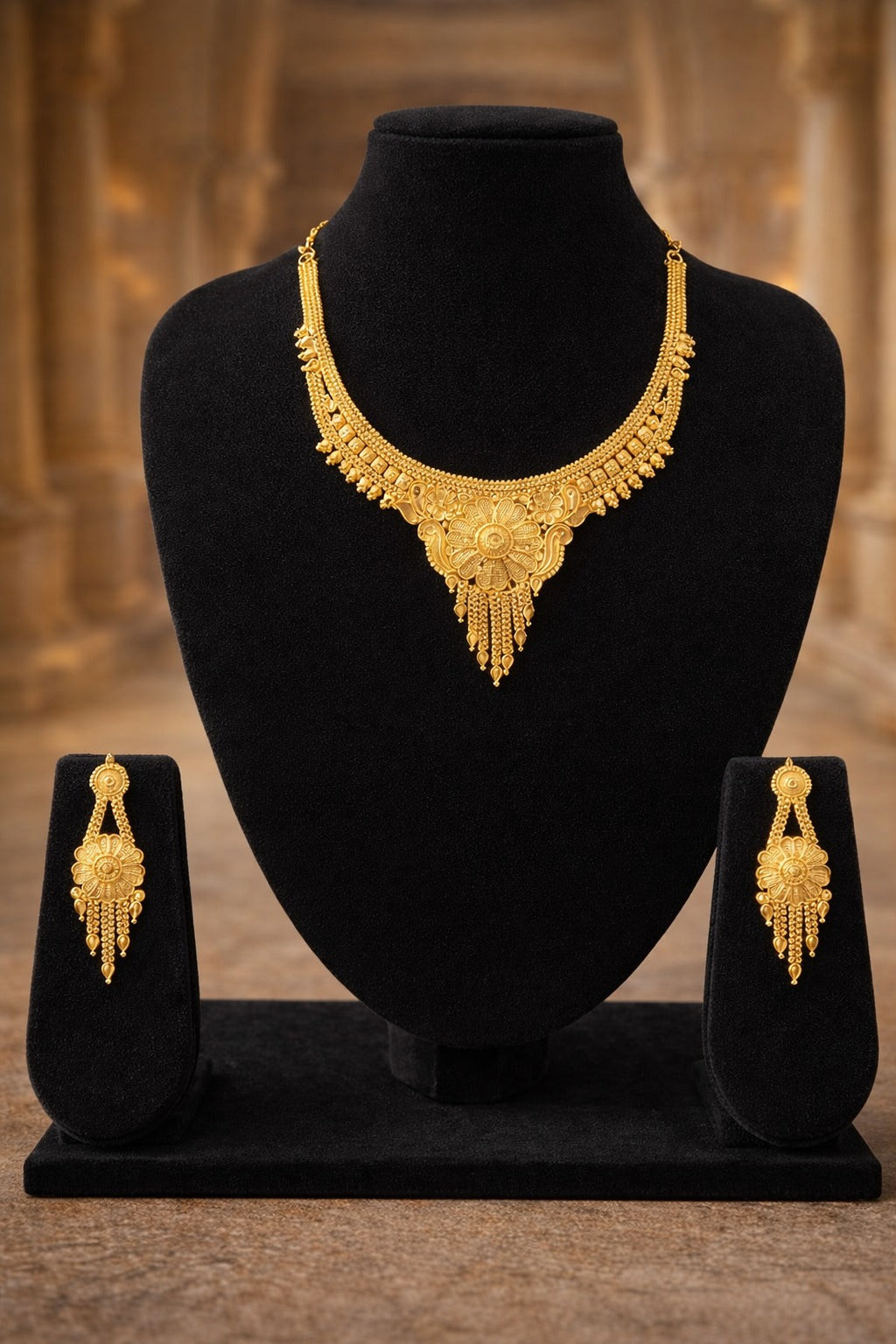 Royal Floral Heritage Gold Necklace Set with Matching Statement Earrings