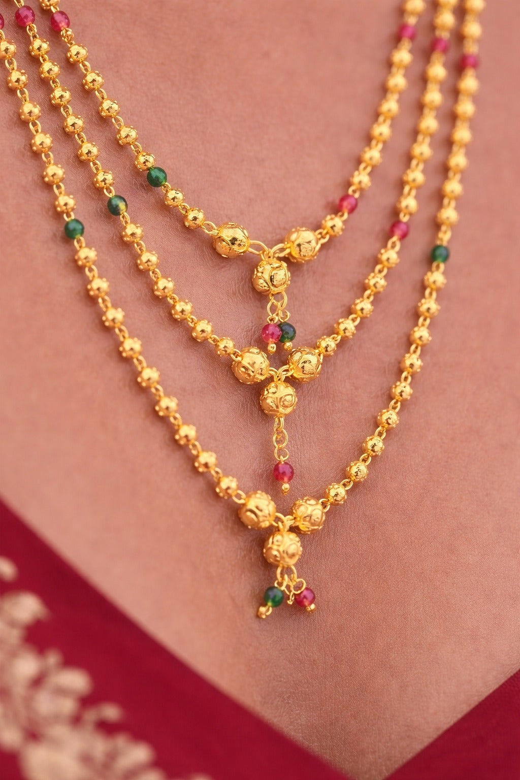 Royal Trinity Layered Gold Bead Necklace