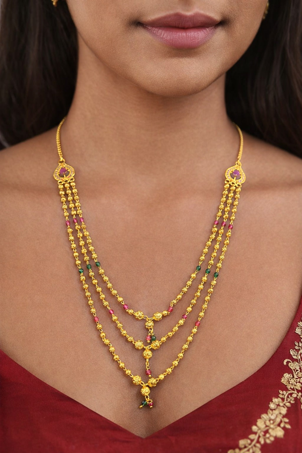 Royal Trinity Layered Gold Bead Necklace