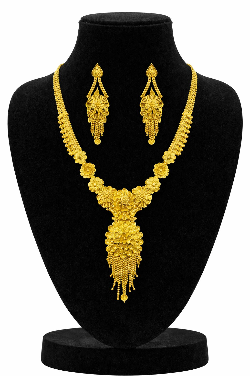 Royal Sunflower Heritage Gold Necklace Set with Statement Pendant & Long Earrings