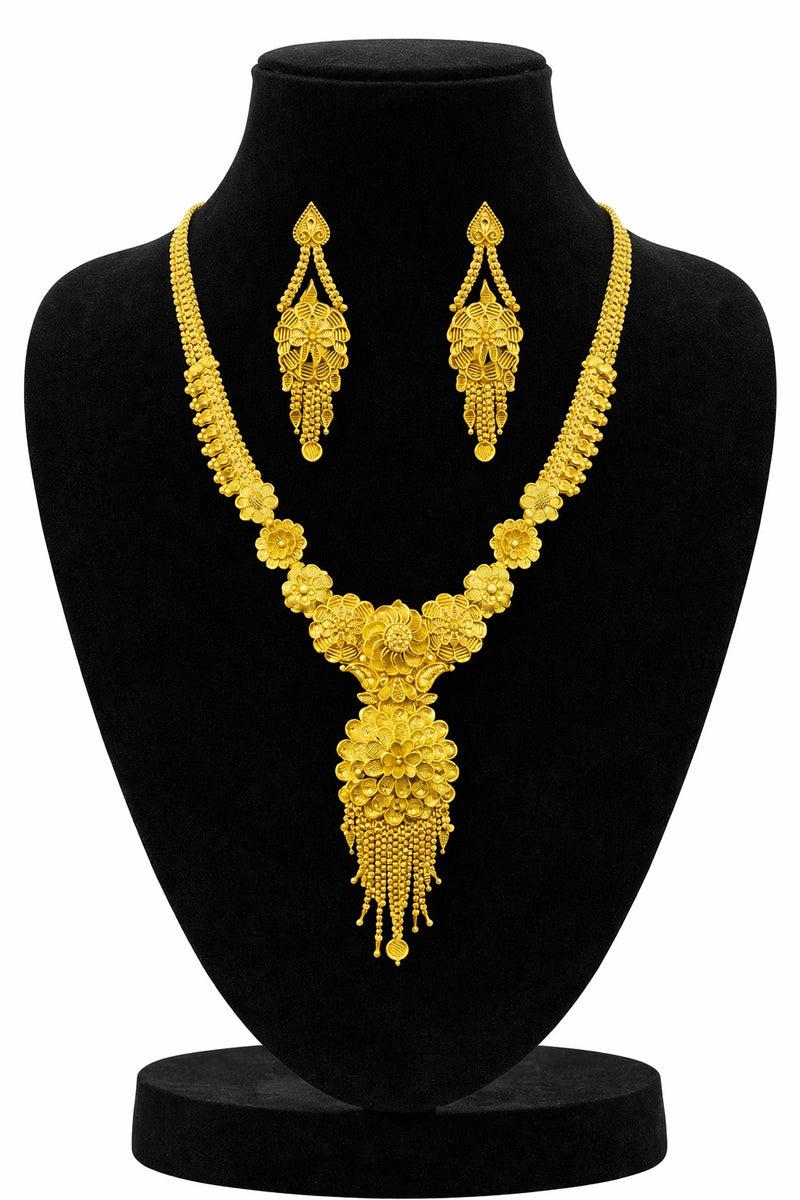 Royal Sunflower Heritage Gold Necklace Set with Statement Pendant & Long Earrings