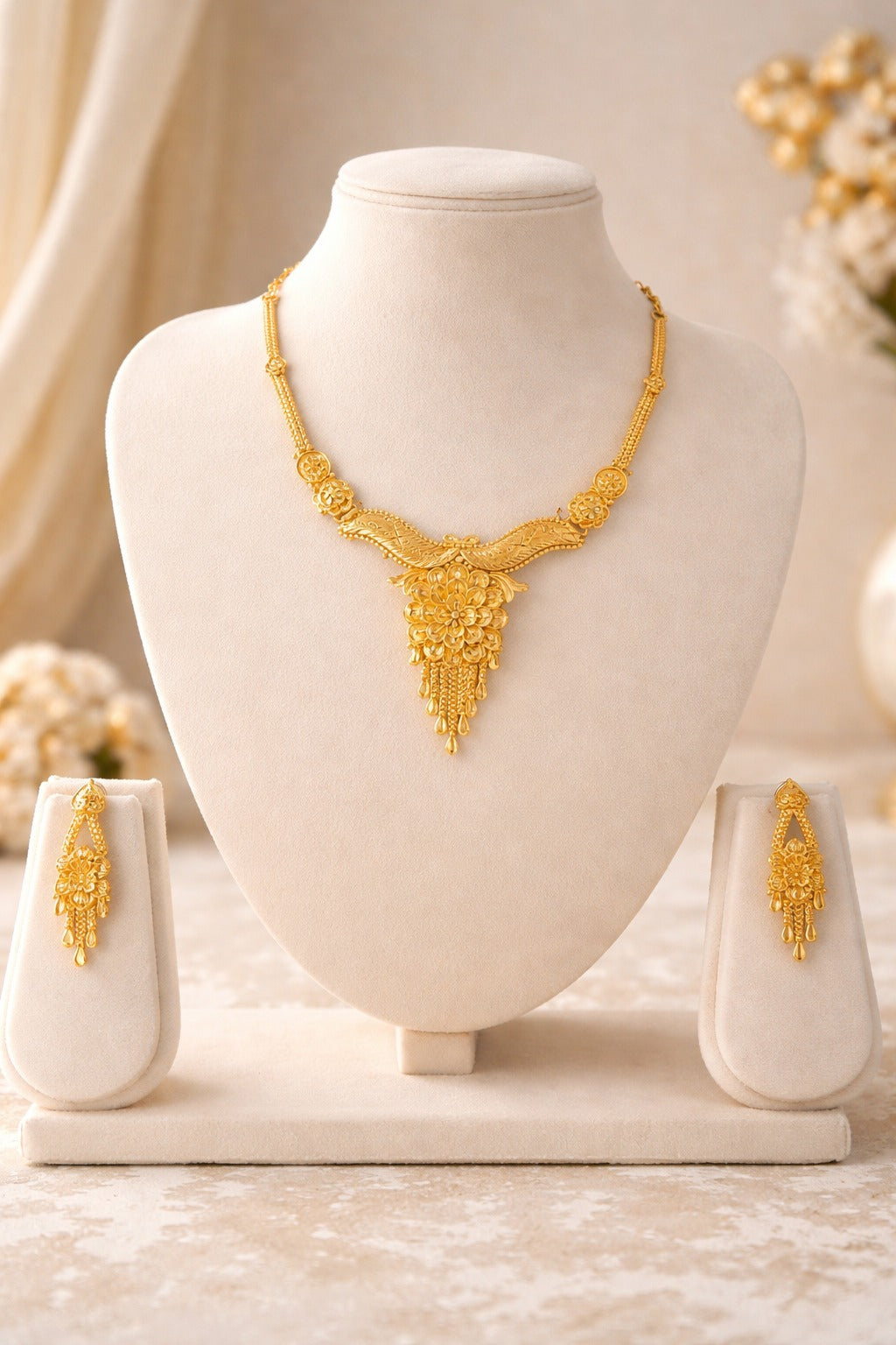 Regal Floral Drop Gold Necklace Set with Elegant Heritage Detailing
