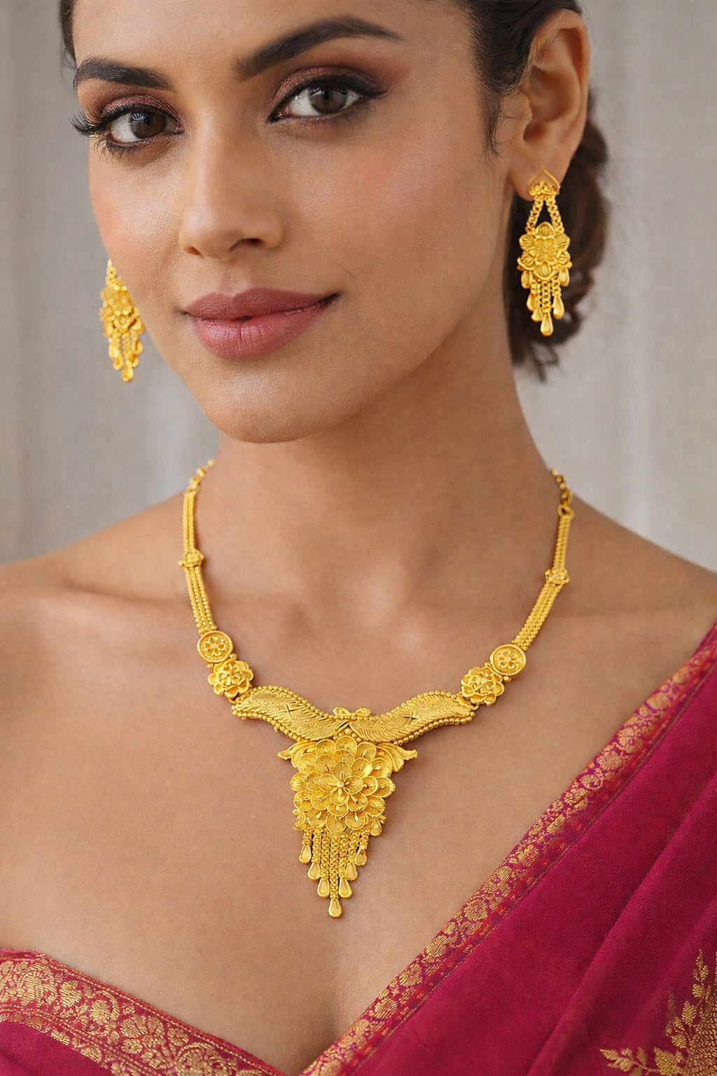 Regal Floral Drop Gold Necklace Set with Elegant Heritage Detailing