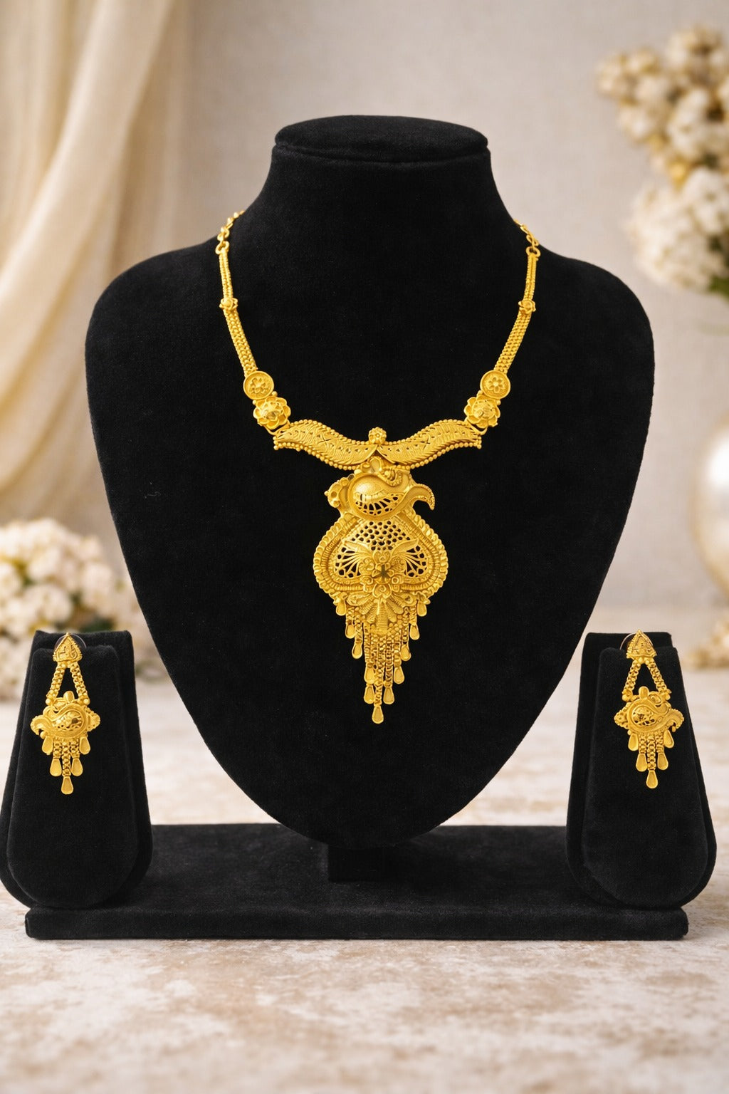 Royal Peacock Heritage Gold Necklace Set with Intricate Filigree Pendant & Matching Earrings