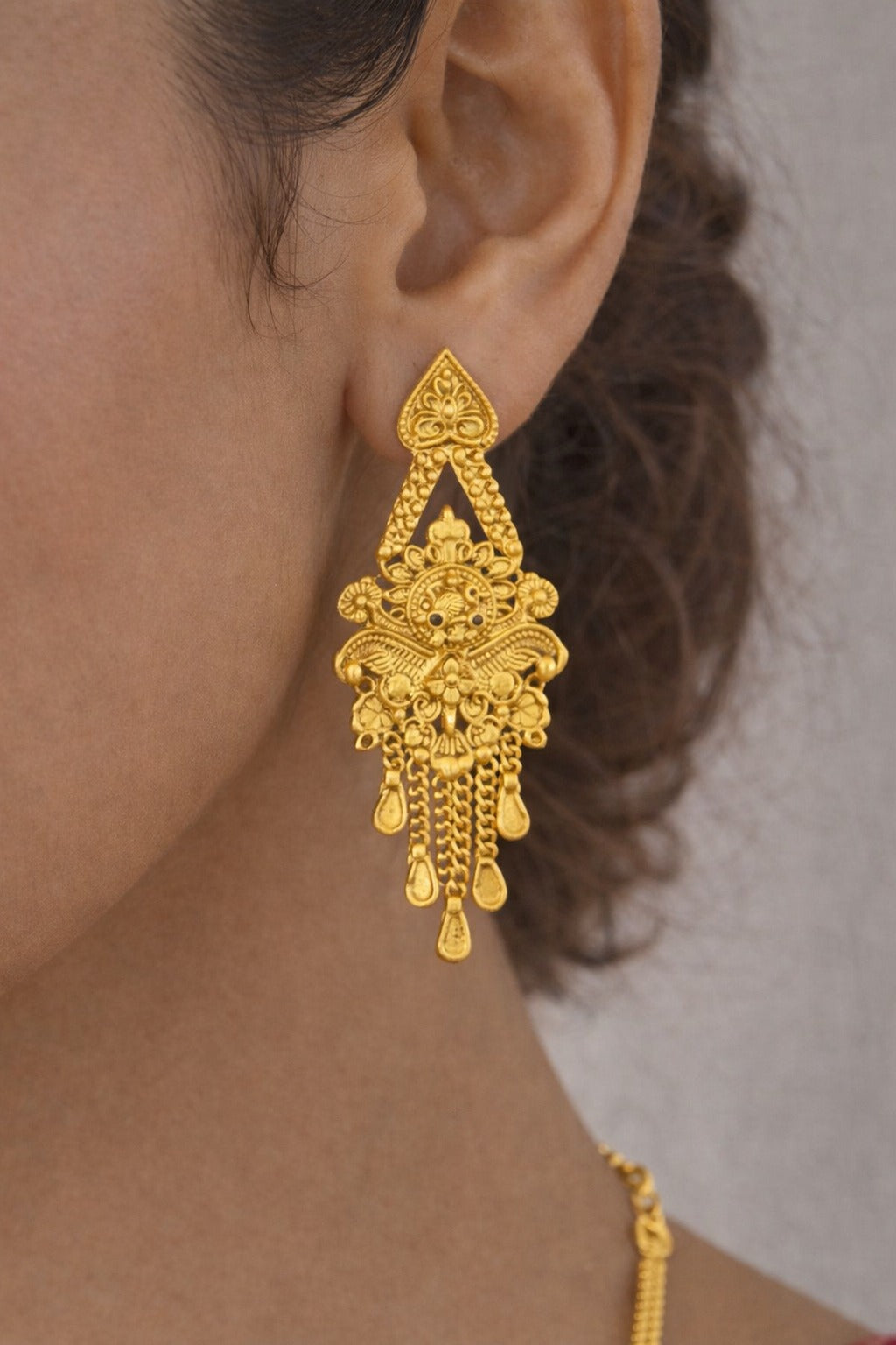 Royal Peacock Heritage Gold Necklace Set with Intricate Filigree Pendant & Matching Earrings