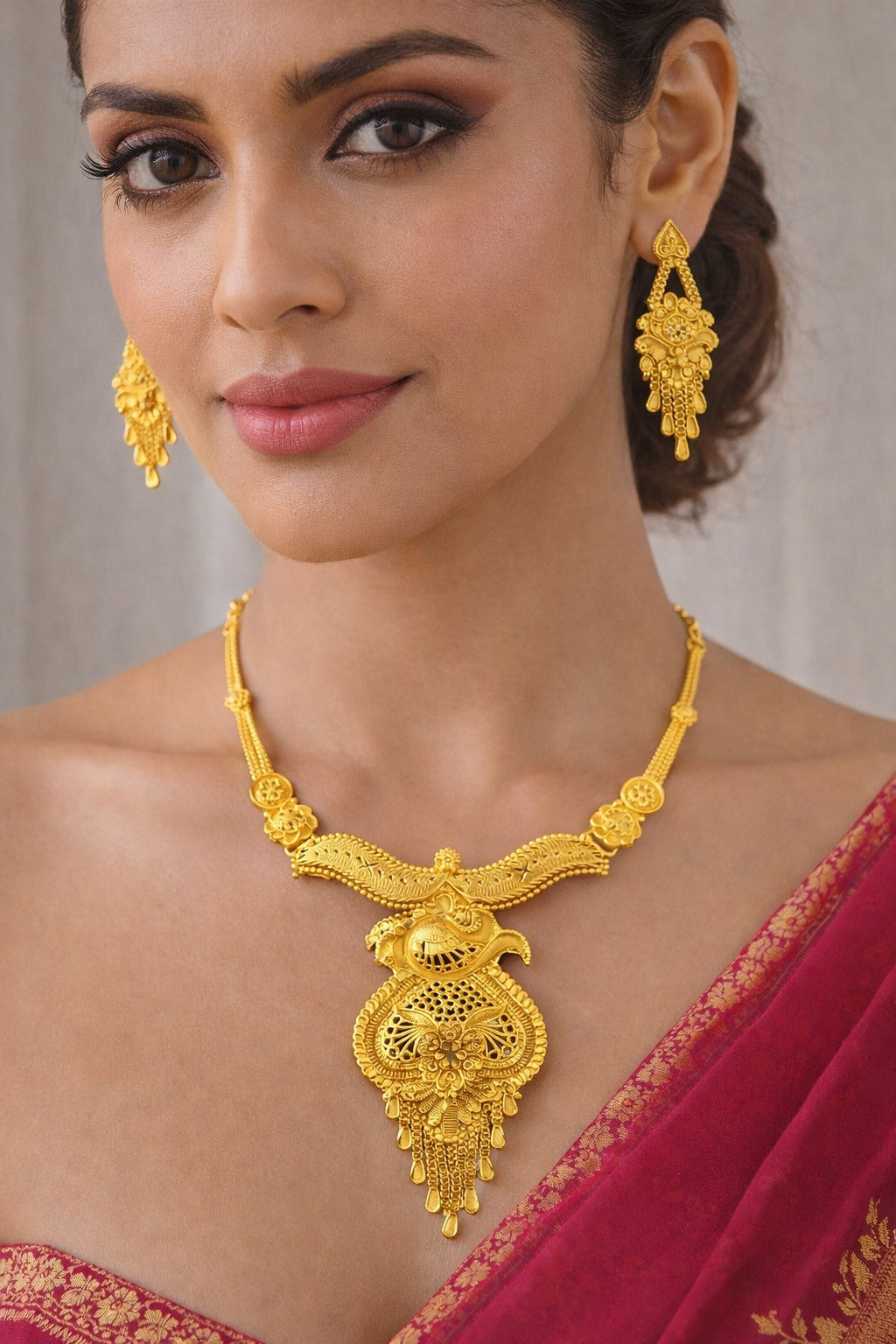 Royal Peacock Heritage Gold Necklace Set with Intricate Filigree Pendant & Matching Earrings