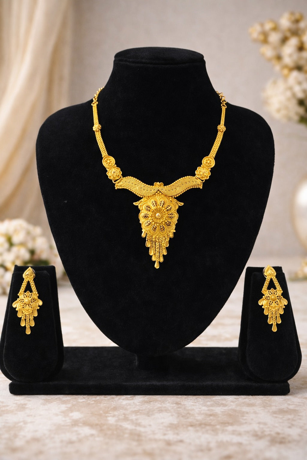 Royal Floral Heritage Gold Necklace Set with Statement Pendant & Elegant Earrings