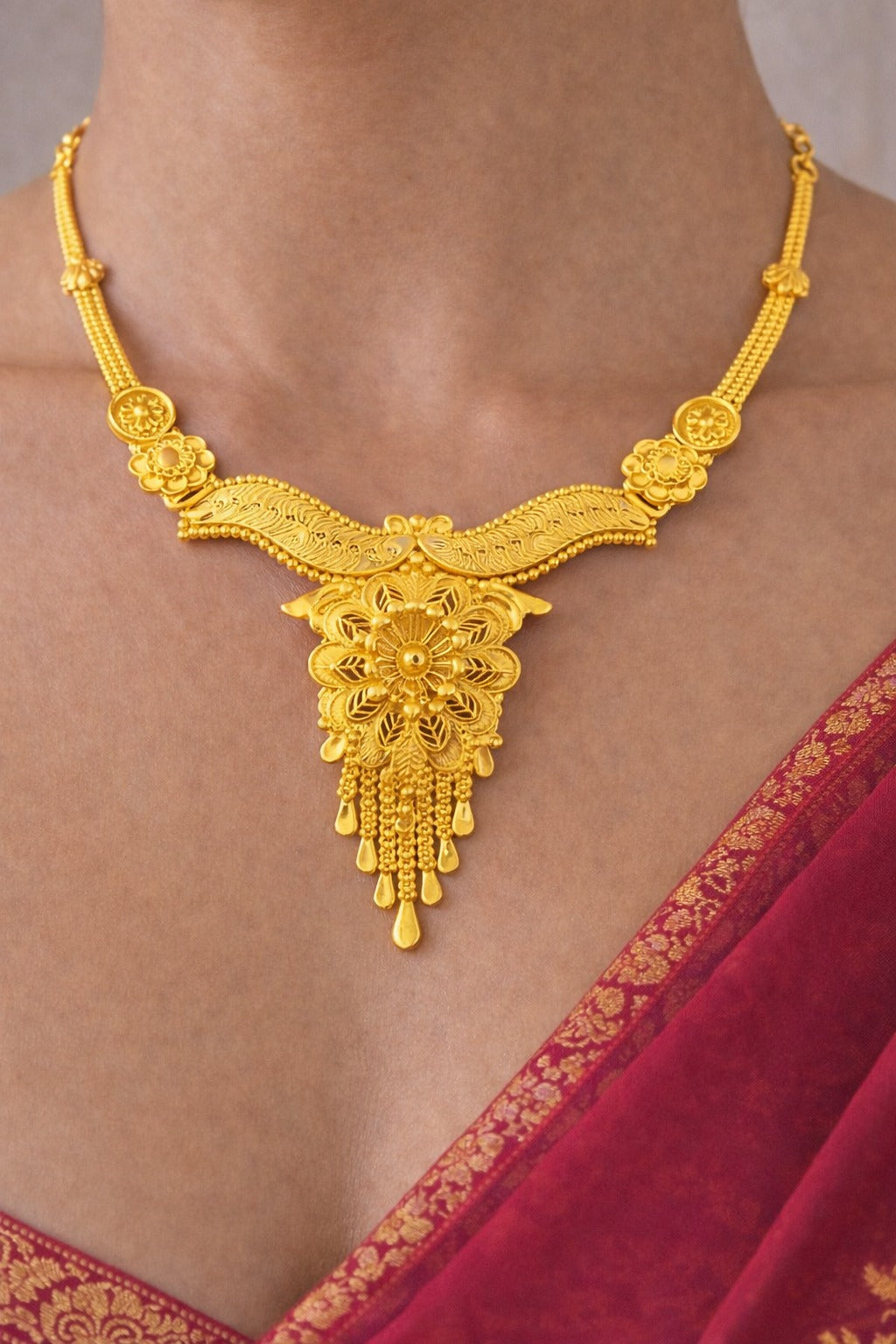 Royal Floral Heritage Gold Necklace Set with Statement Pendant & Elegant Earrings