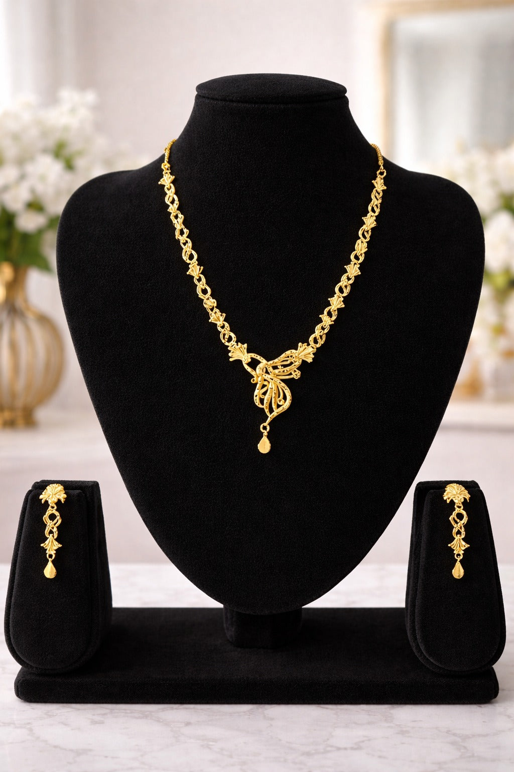 Celestial Bloom Gold Necklace Set with Elegant Drop Pendant & Matching Earrings