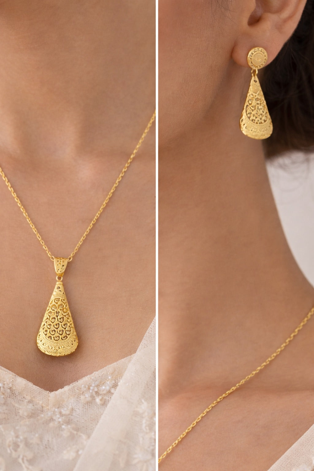 Elegant Filigree Drop Pendant Gold Necklace Set
