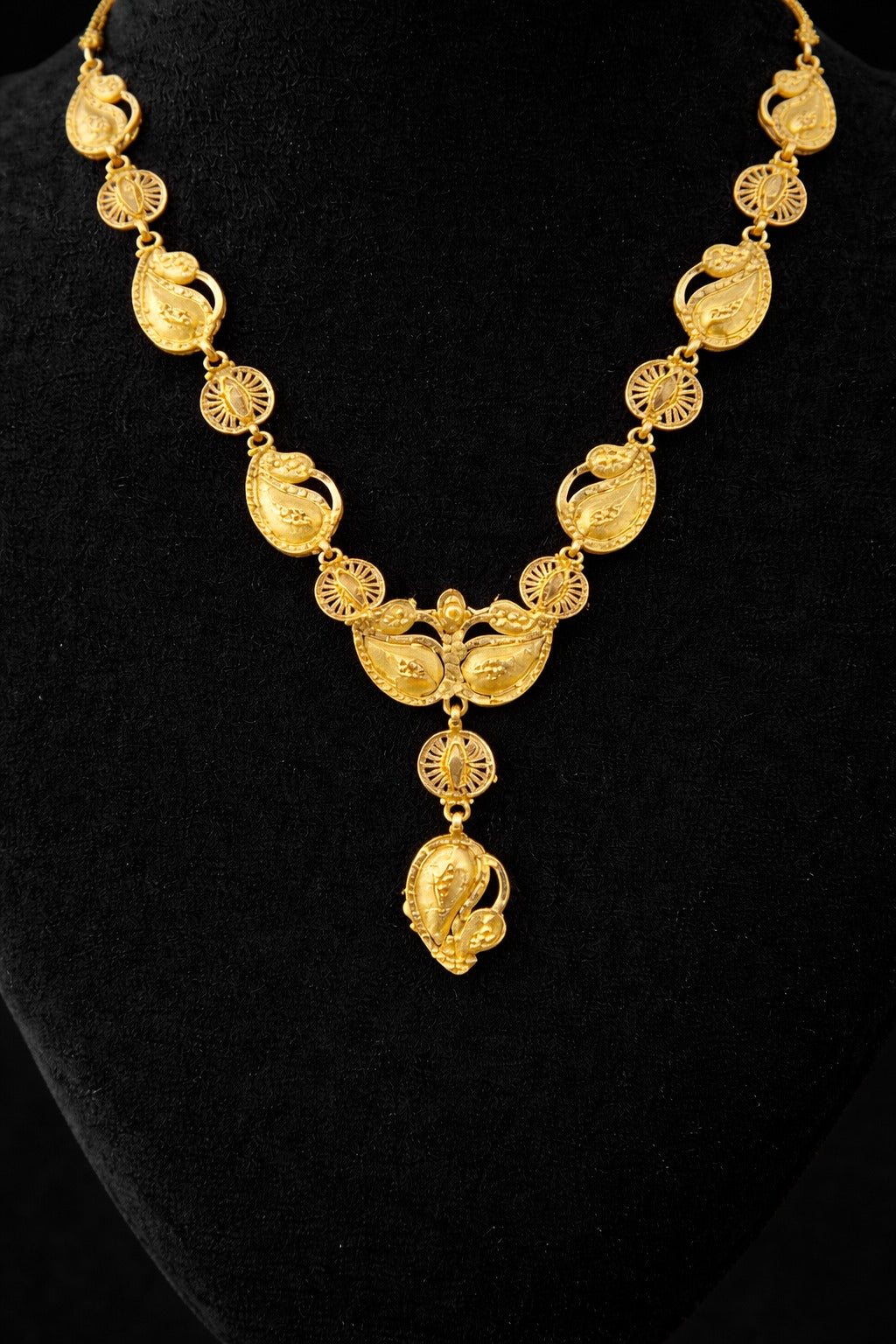 Royal Paisley Motif Gold Necklace Set with Elegant Drop Pendant