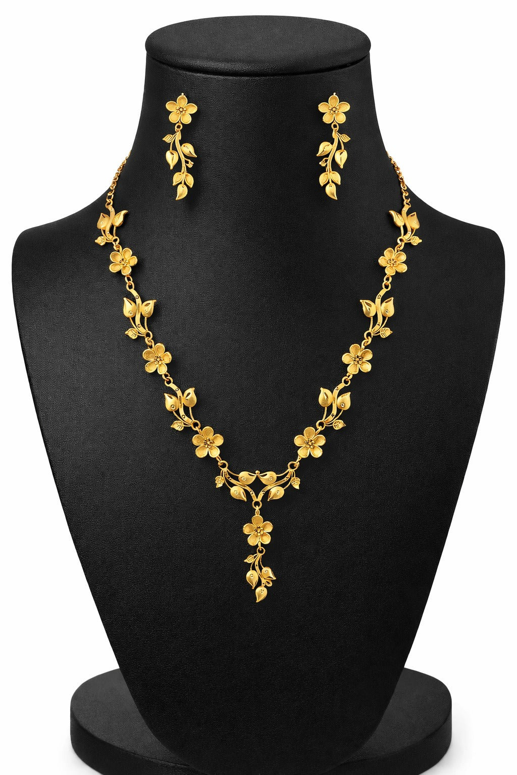 Golden Blossom Vine Necklace Set with Matching Floral Earrings