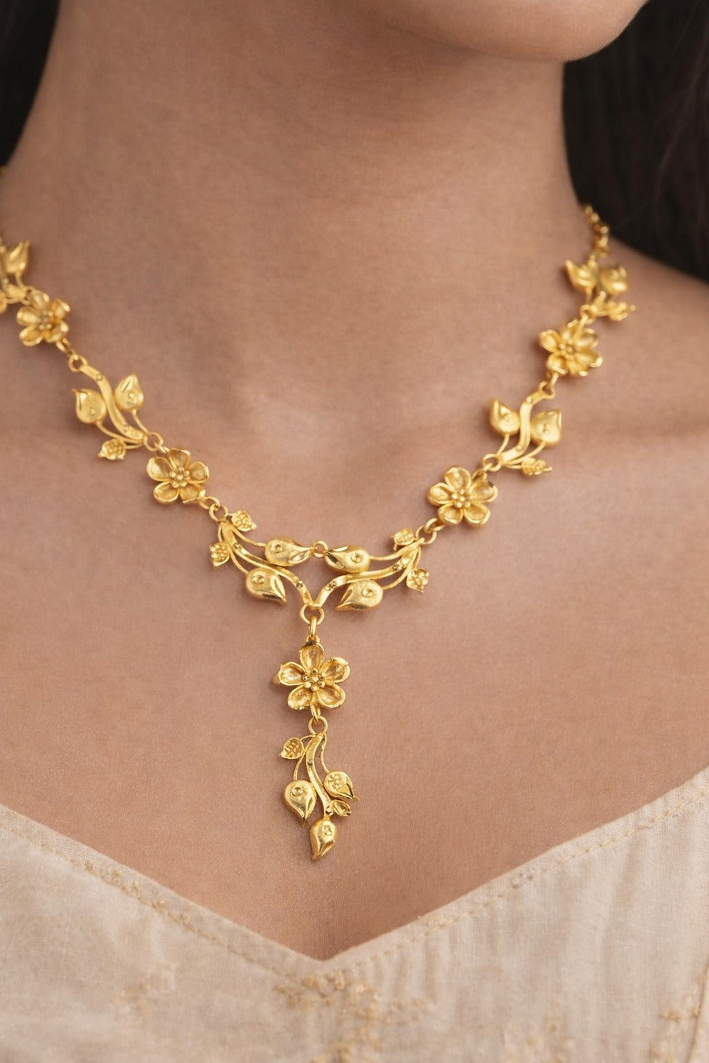 Golden Blossom Vine Necklace Set with Matching Floral Earrings