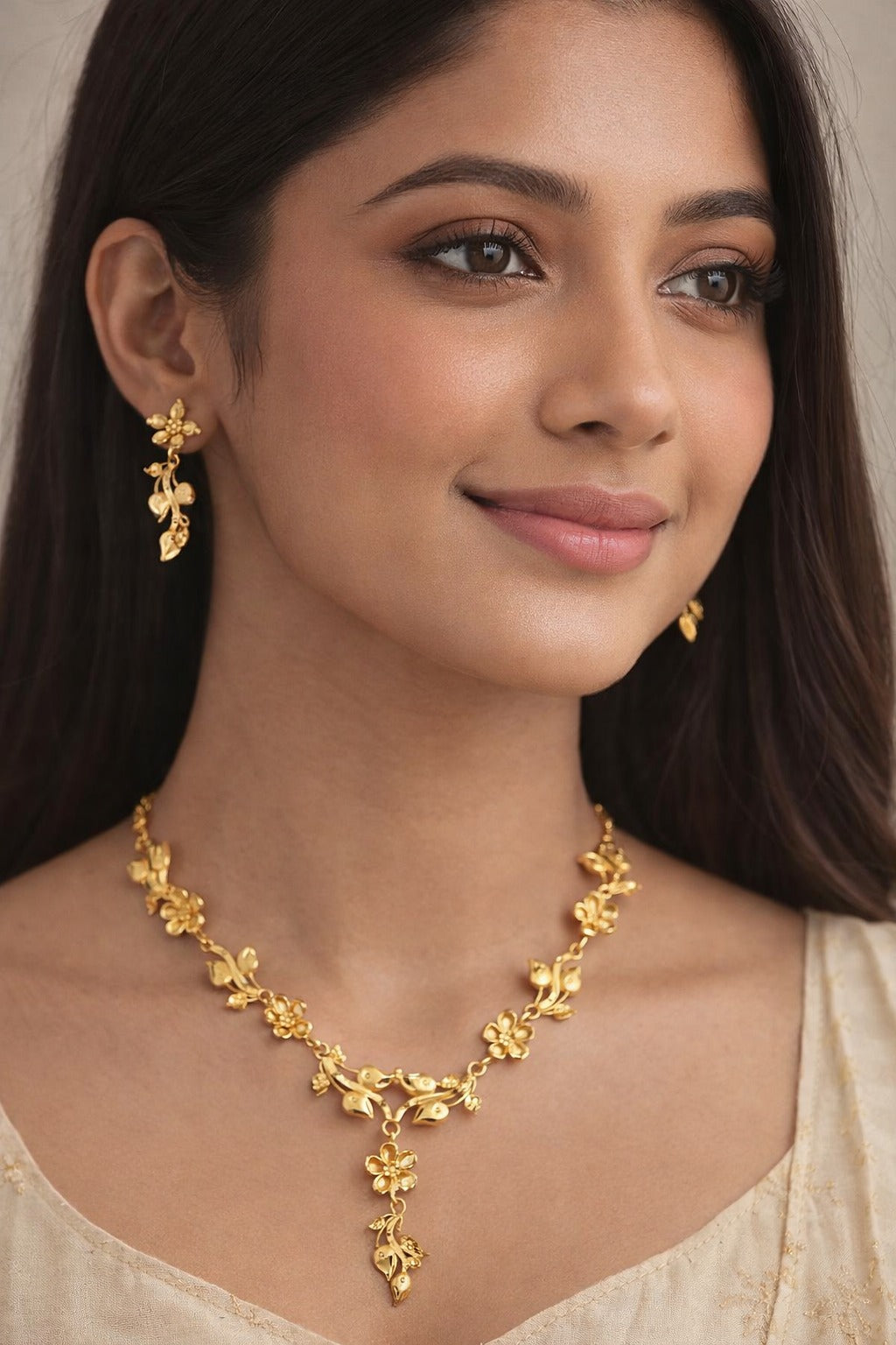 Golden Blossom Vine Necklace Set with Matching Floral Earrings