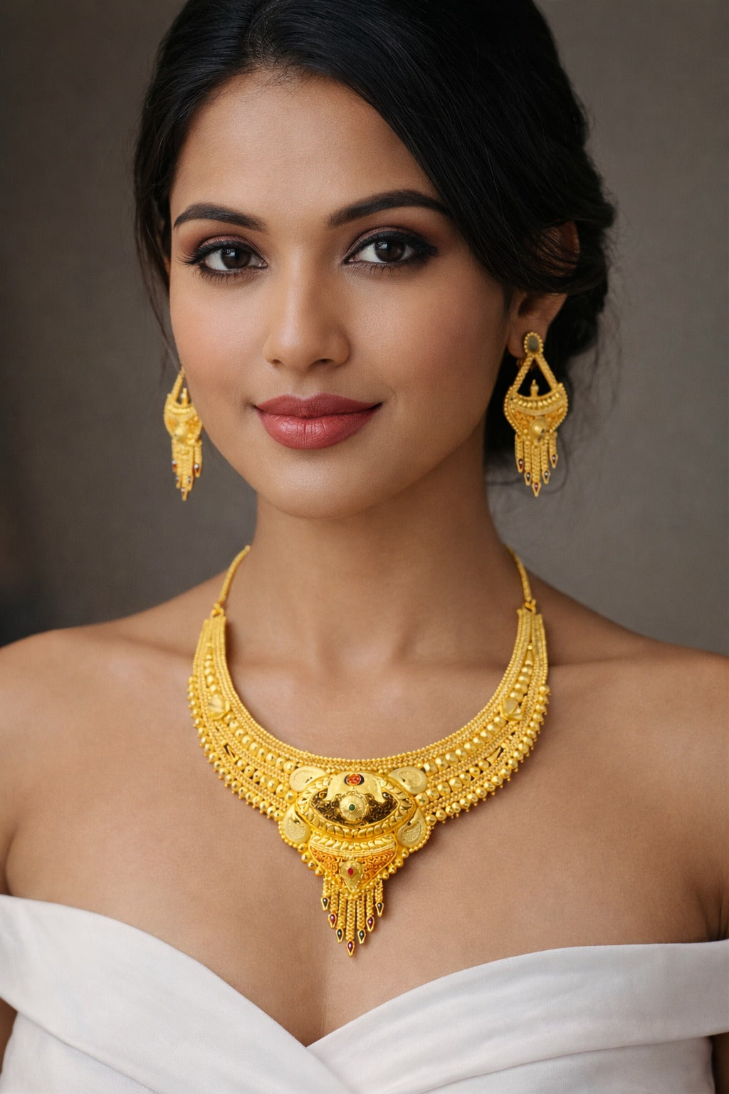 Royal Antique Temple Gold Necklace Set with Gemstone Accents