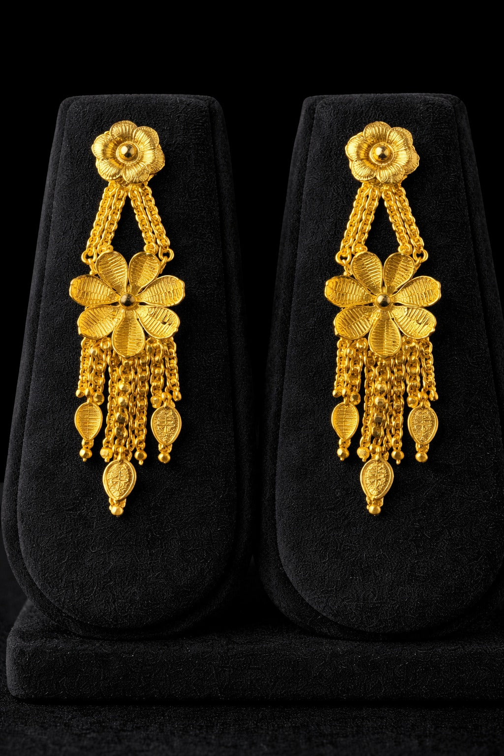 Royal Floral Cascade Gold Necklace Set with Matching Statement Earrings