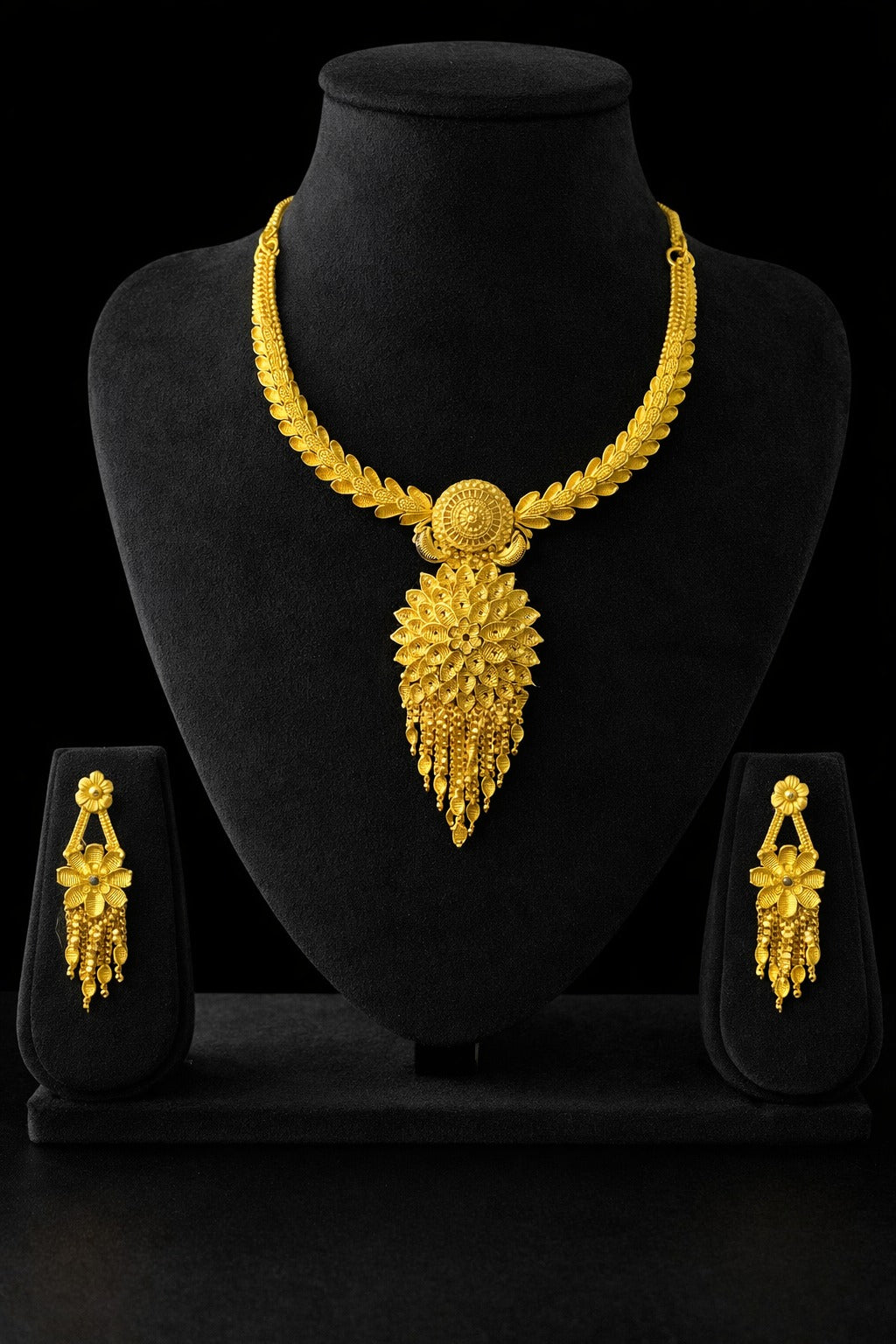 Royal Floral Cascade Gold Necklace Set with Matching Statement Earrings