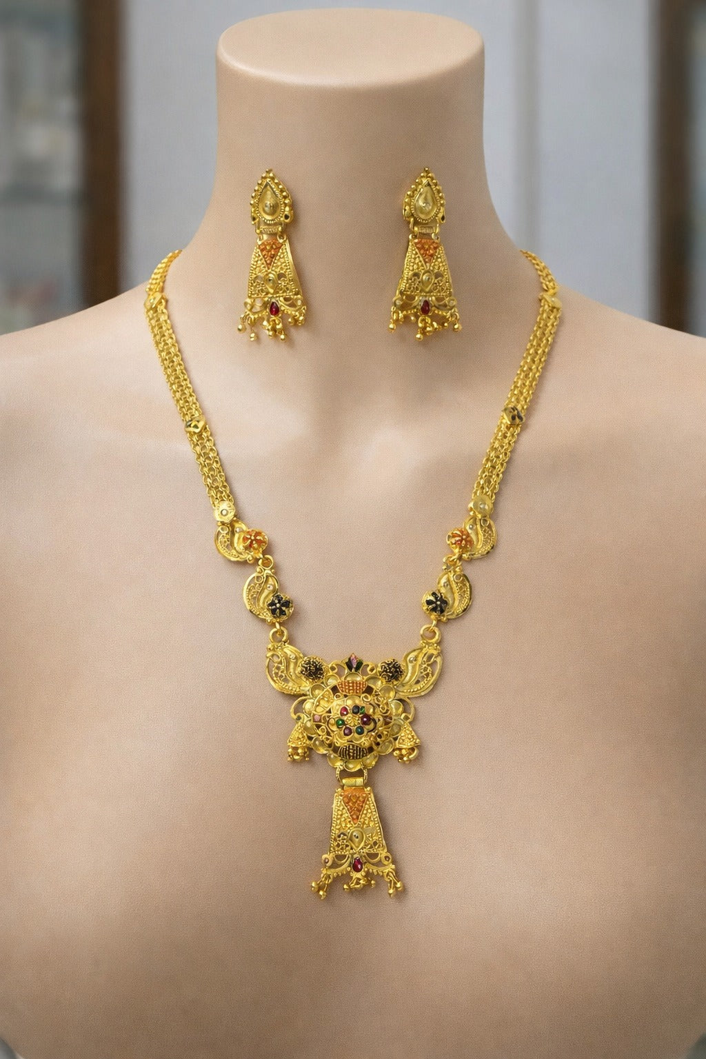 Royal Navratna Peacock Motif Gold Necklace Set