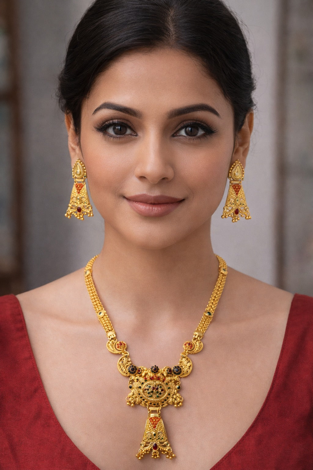 Royal Navratna Peacock Motif Gold Necklace Set