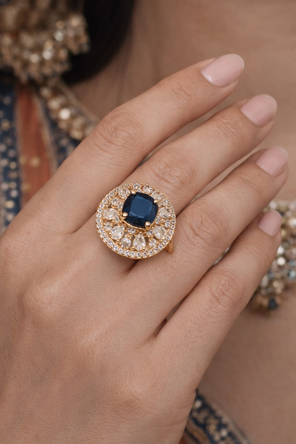 Royal Midnight Sapphire Halo Statement Ring