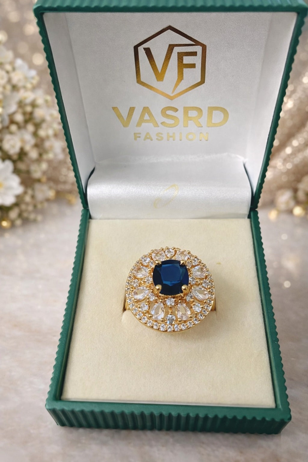 Royal Midnight Sapphire Halo Statement Ring