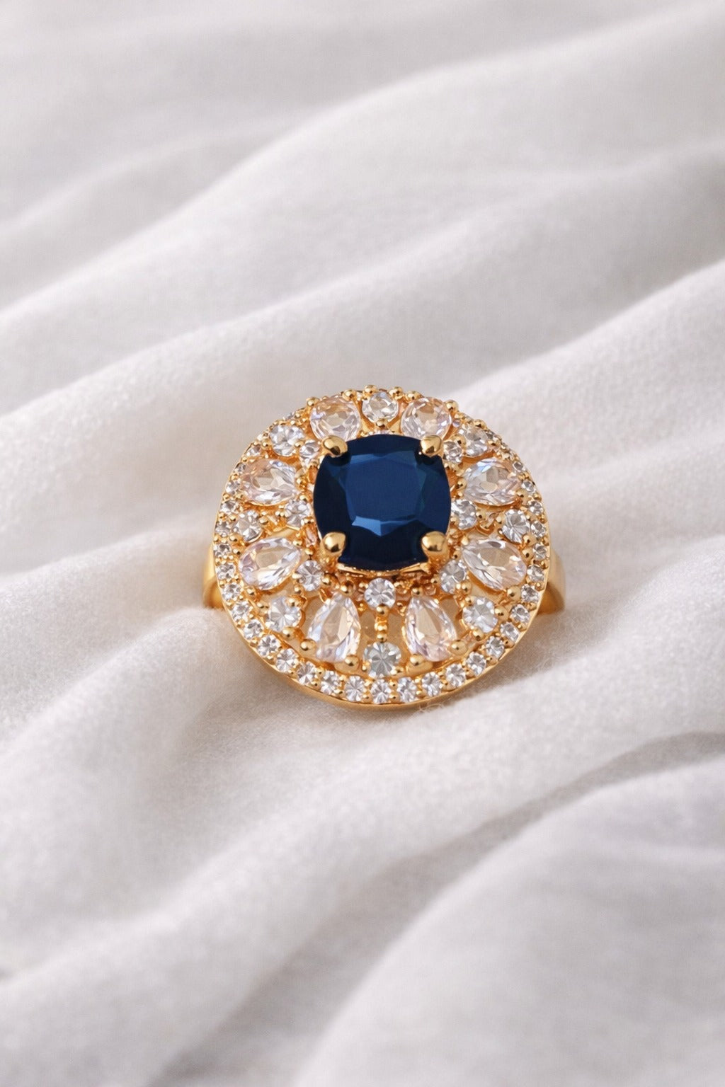 Royal Midnight Sapphire Halo Statement Ring