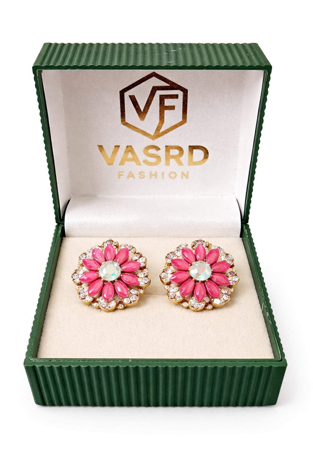 Royal Pink Blossom Crystal Floral Stud Earrings