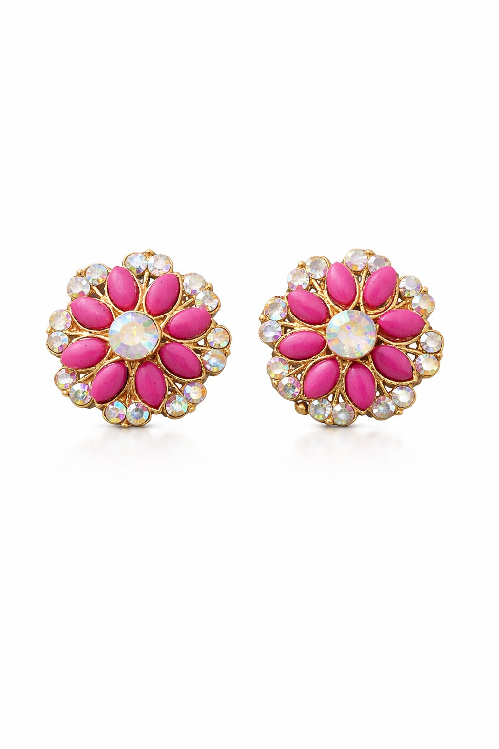 Royal Pink Blossom Crystal Floral Stud Earrings