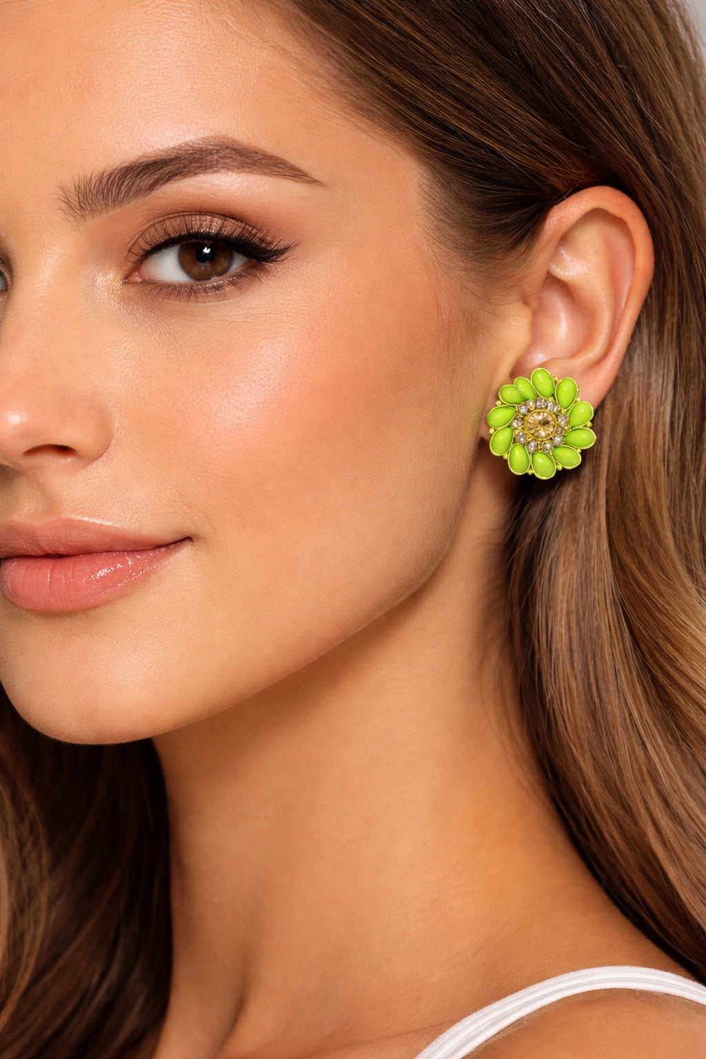 Lime Glow Crystal Floral Stud Earrings