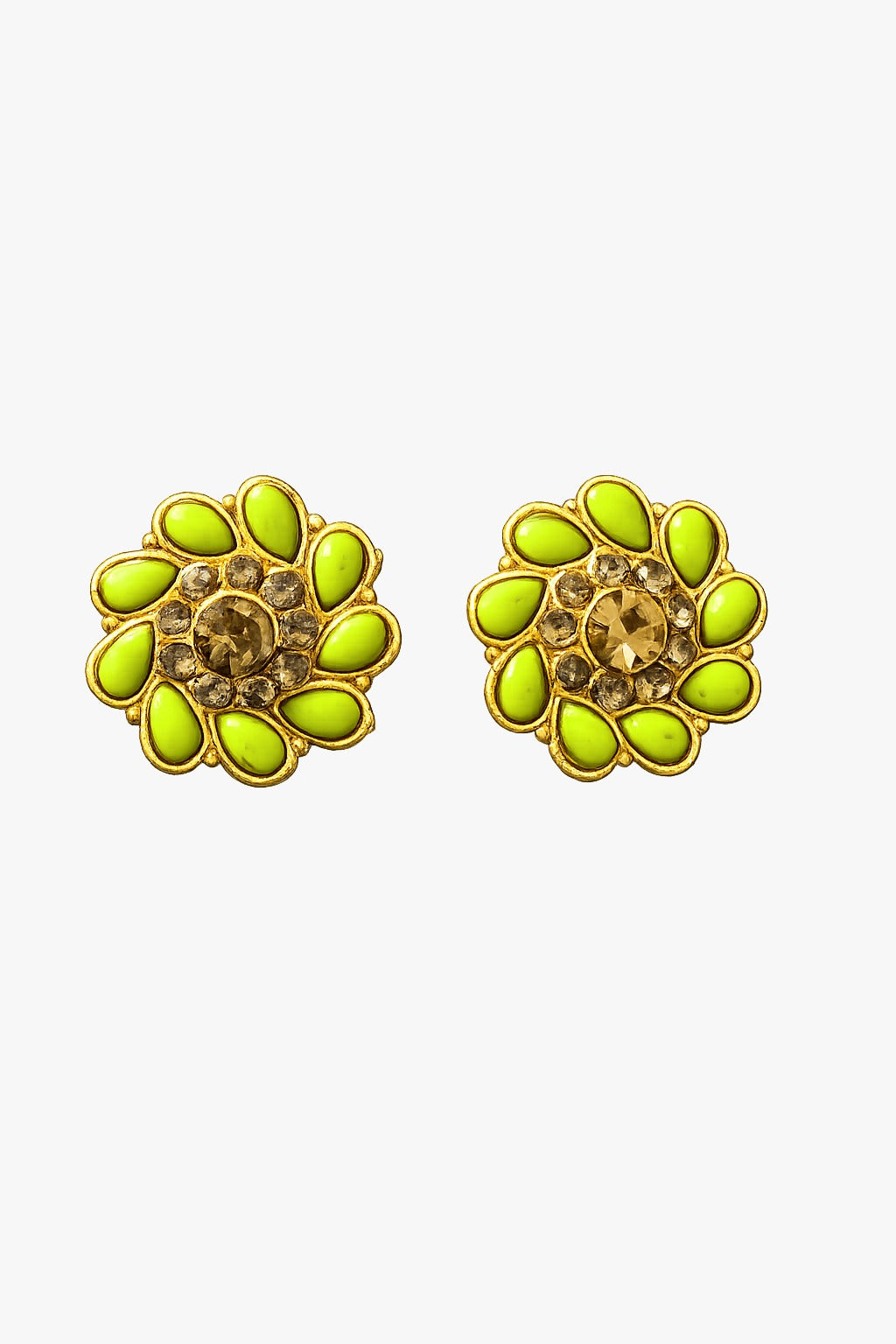 Lime Glow Crystal Floral Stud Earrings