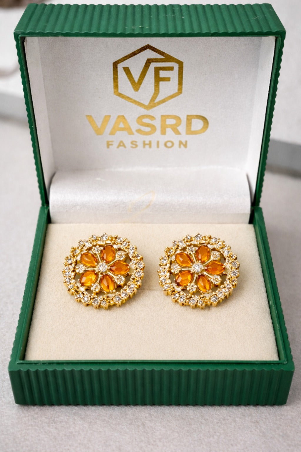Amber Glow Crystal Floral Stud Earrings