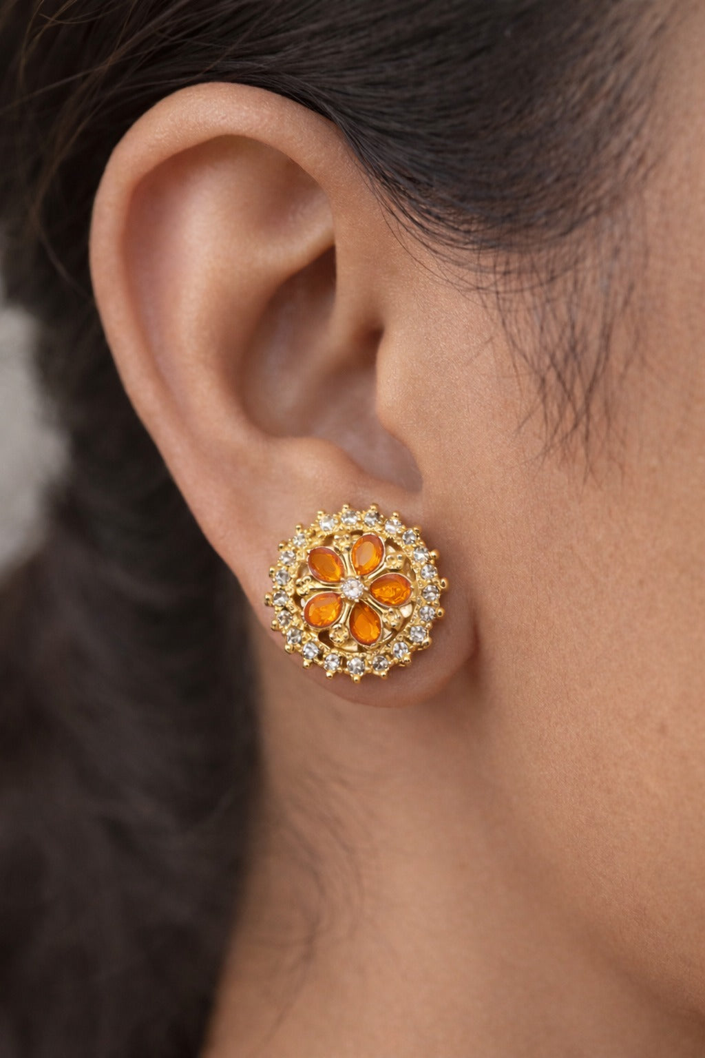 Amber Glow Crystal Floral Stud Earrings