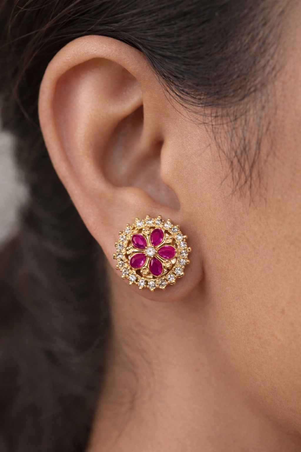 Ruby Bloom Crystal Floral Stud Earrings