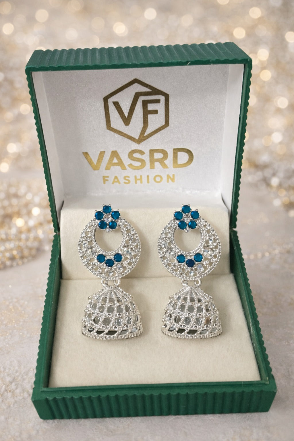 Blue Stone Floral Silver Jhumka Drop Statement Earrings