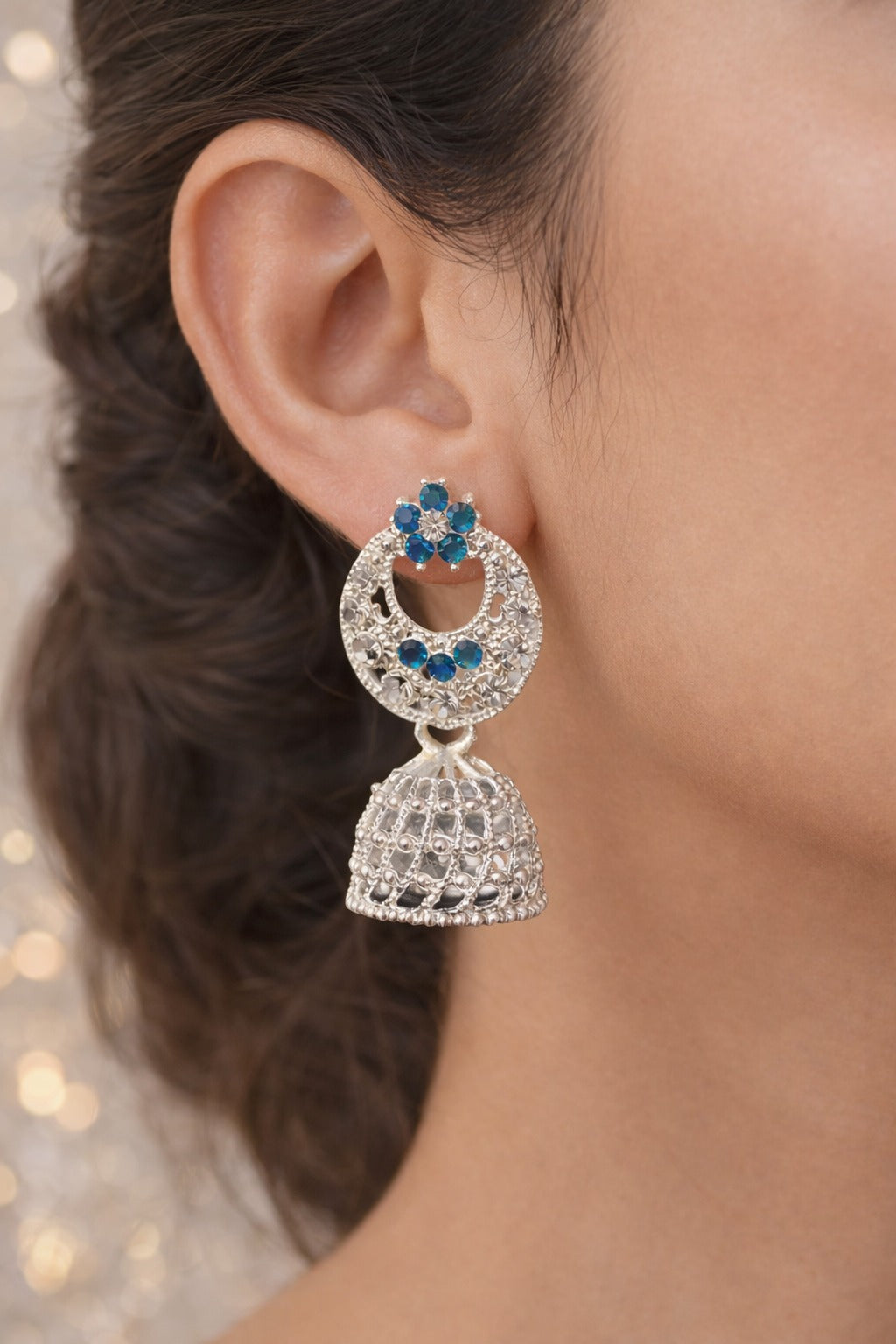 Blue Stone Floral Silver Jhumka Drop Statement Earrings