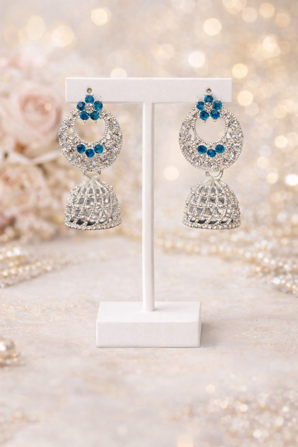 Blue Stone Floral Silver Jhumka Drop Statement Earrings